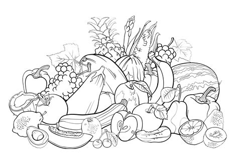 Tropical fruits illustration for coloring book. Fruit salad - Flowers Adult Coloring Pages
