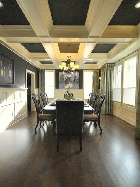 Example of a tuscan enclosed coffered ceiling family room library design in los angeles with beige walls, a ribbon fireplace, a stone fireplace and a. Dining room: Dark Gray, box beam ceiling Mark: Overall, a ...
