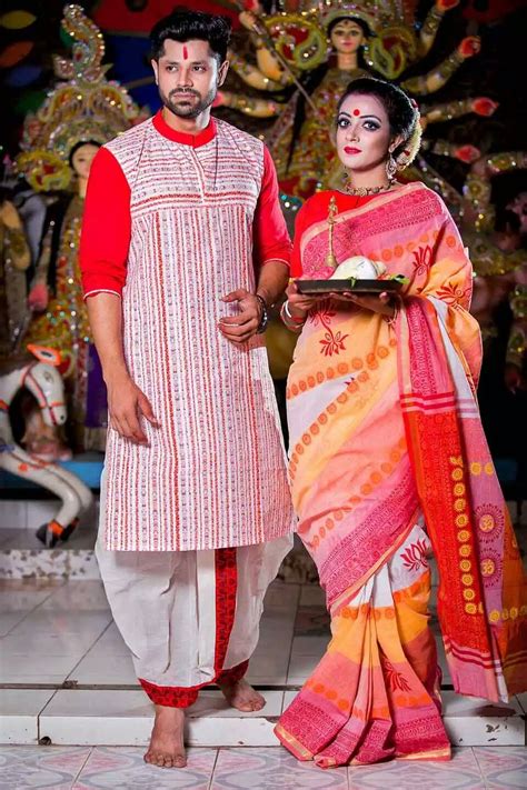 Dhoti And Cotton Saree Style Matching Couple Outfits Bengali Bridal Makeup Fashion Dresses
