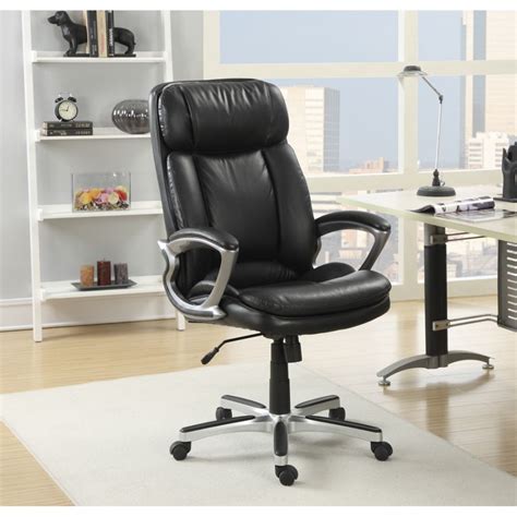 Elegant Orthopedic Office Chair In Black Smooth Fine Leather With Caster And Armrest 