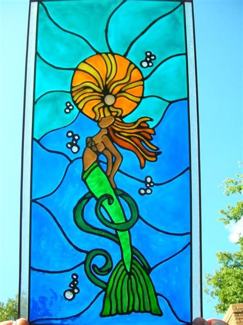 Stain Glass Mermaid Reaching For Surface Stained Glass Art Stained Glass Windows Mosaic Glass