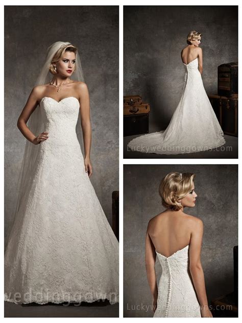 Strapless Sweetheart Lace A Line Wedding Dress With Chapel Train