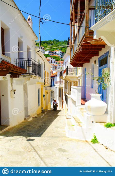 Narrow Streets Of Skopelos Town Greece Stock Image Image Of Europe