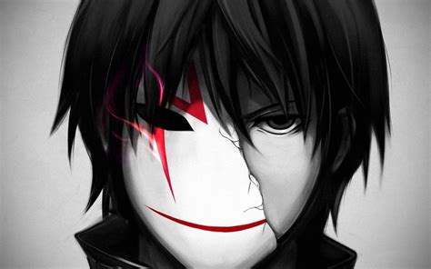 Grayscale Photo Of Male Anime Character With White And Red Half Mask Hd