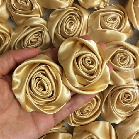 12pc gold 2 satin ribbon rose flowers diy wedding bridal dress bouquet 50mm for sale online ebay