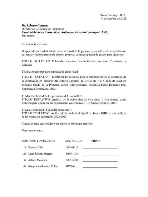 Solicitud Aprobacion De Tema Tesis Pdf