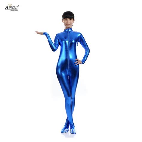 Ainclu Spandex Glue Bodysuit Lycra Shiny Catsuit Sexy Blue Female Zentai For Adults Outcrop Body