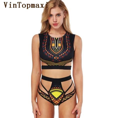 Sexy Bikini Set High Waist Swimwear African Tribal Print Biquini Hollow Out Bathing Suit Caged