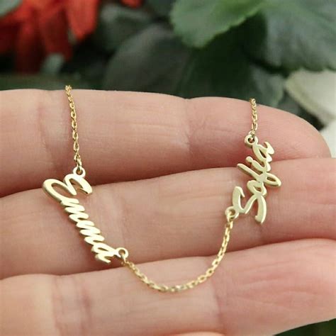 14k Solid Gold Personalized Two Name Necklace Gold Etsy