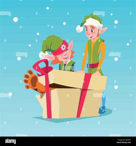 christmas elf group cartoon character santa helper with big present box flat vector illustration