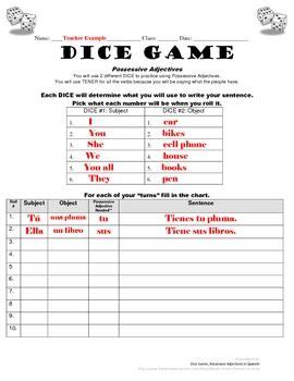 possessive adjectives practice  spanish dice game possessive