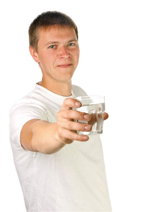 Young Man Giving A Glass Of Water Stock Image Image Of Cheerful