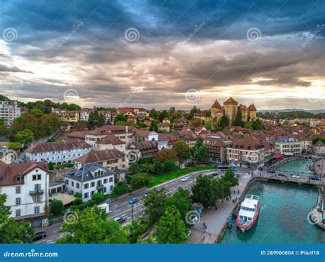 Annecy City Center Panoramic Aerial View Over The Old Town Castle