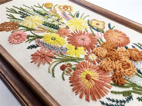 Vintage Crewel Embroidery Floral Framed Wall Art Hand Made Etsy