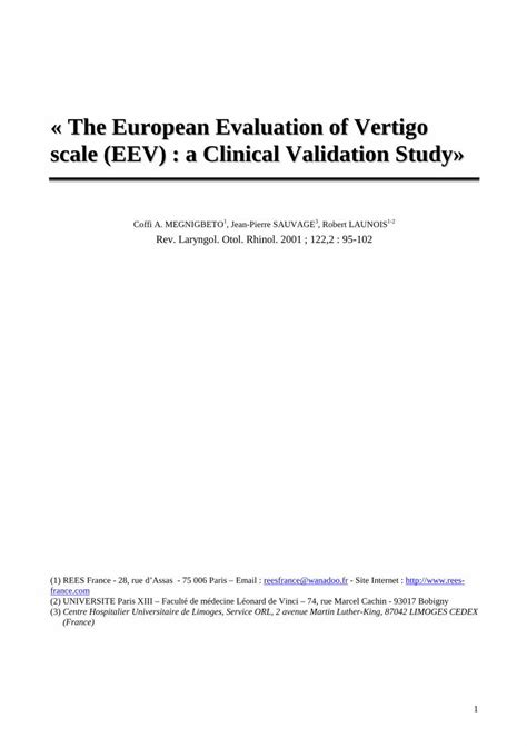 Pdf The European Evaluation Of Vertigo Scale Eev A · Pdf