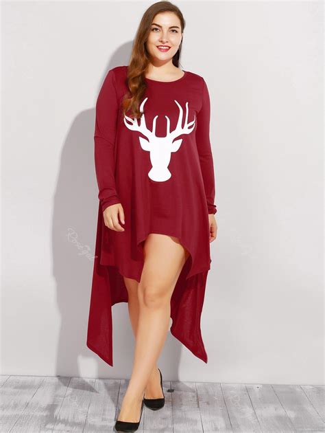29 Off Elk Print Plus Size Asymmetric Christmas Dress Rosegal