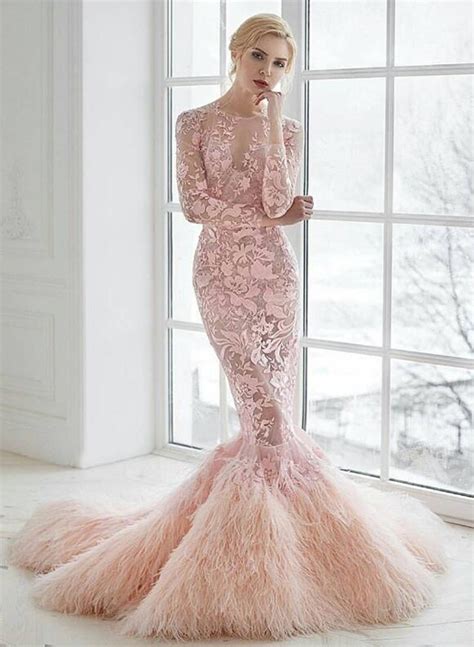 Sexy Illusion Pink Lace Mermaid Wedding Dresses 2017 Long Sleeve Court High Quality Feathers