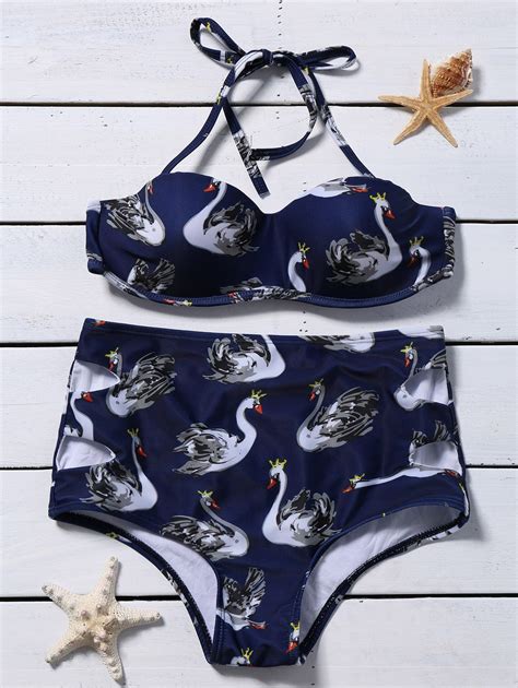 Swan Print High Waisted Bikini Set Purplish Blue Bikinis Zaful