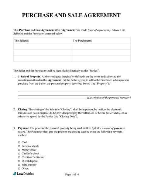 Free Purchase And Sale Agreement Pdf And Word Form Lawdistrict