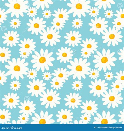 Daisy Flower Seamless Pattern On Blue Background Ditsy Floral Print