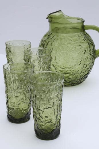 Vintage Green Glass Pitcher And Glasses Set Lido Milano Anchor Hocking