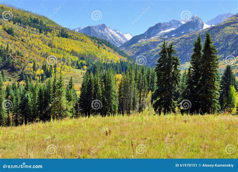 Alpine Landscape With Snow Covered Mountains In Colorado During Foliage