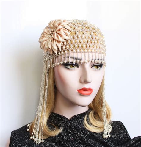 1920s Fully Beaded Flapper Cap Gatsby Wedding Headpiece Pearl Head Cap