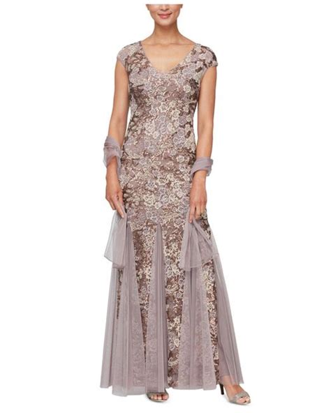 Alex Evenings Embellished Lace Embroidered Illusion Gown And Shawl Lyst