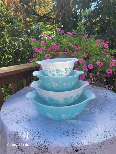Jaj Blue Gooseberries Vintage Pyrex Mixing Bowl Set Of England Ebay