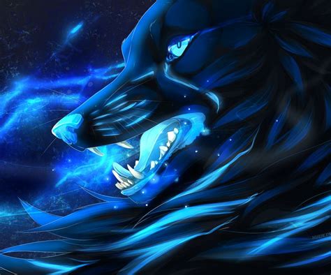 A Blue Wolf With Its Mouth Open In Front Of A Dark Background And Some
