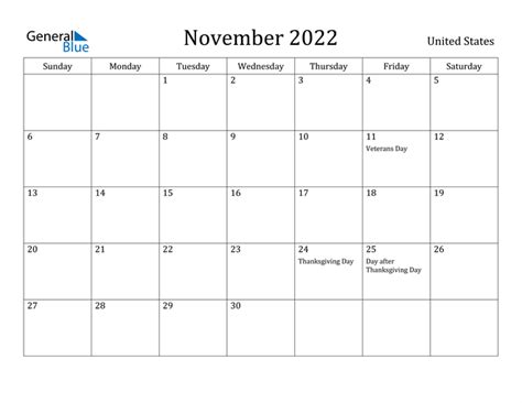 November 2022 Calendar With United States Holidays