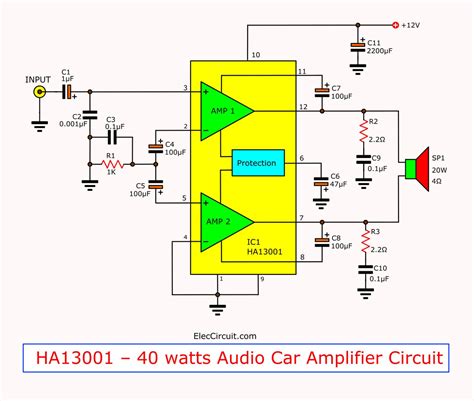 1 (2 front + 1 subwoofer) , power audio amplifier 2. Mini 40 watt audio car amplifier circuit using HA13001