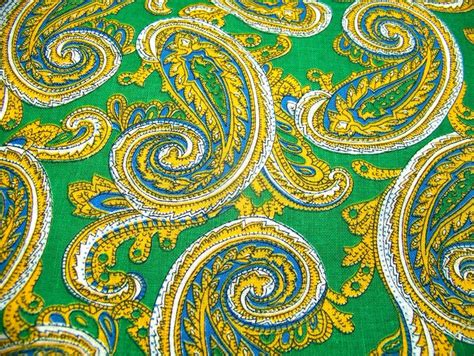 Vintage 1950s Cotton Fabric Paisley Green Yellow Gold Etsy