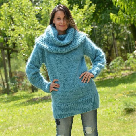 Extravagantza Hand Knitted Mohair Sweater Fuzzy Blue Dress Cowlneck