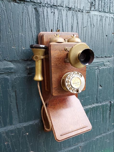 Antique Wall Phone Wood And Brass Dial Telephone Wall Mounted Etsy