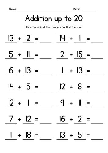 Addition Up To 20 Worksheets Teaching Resources