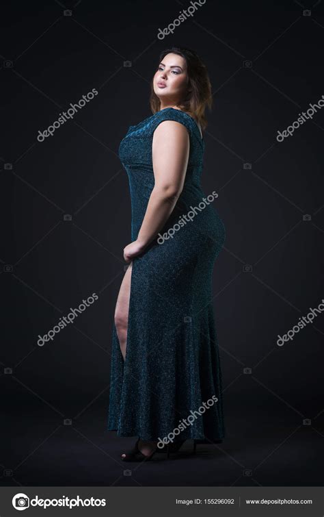 Plus Size Fashion Model In Red Dress Fat Woman On Gray Background Overweight Female Body Stock
