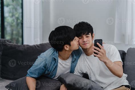 Asian Influencer Gay Couple Vlog At Home Asian Lgbtq Men Happy Relax Fun Using Technology