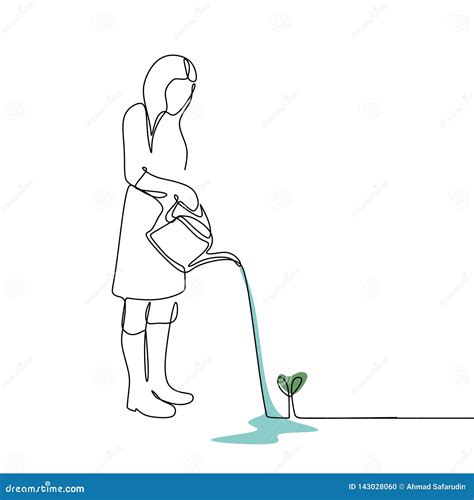 Continuous Line Drawing Of A Woman Watering A Plant Stock Vector