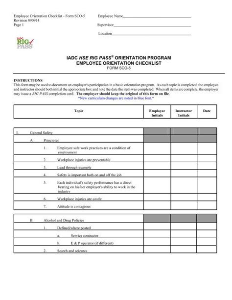 Iadc Hse Rig Pass Â Orientation Program Employee Orientation Checklist