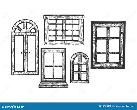 Windows Wooden Engraving Vector Illustration Stock Vector