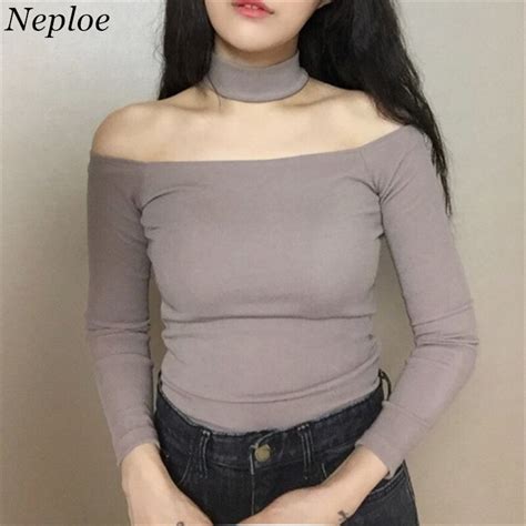 Neploe New Solid Women Tops Korean Spring Fashion Slash Neck T Shirt