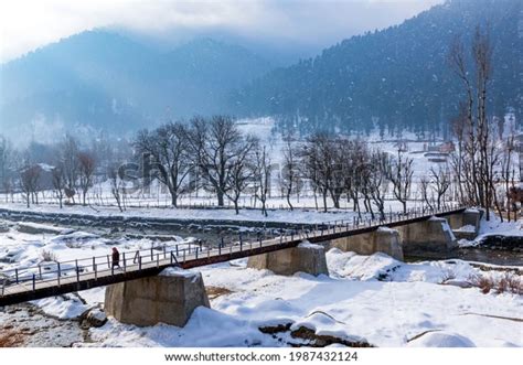 Kashmiri Villagers Crossing River Bridge Built Stock Photo 1987432124