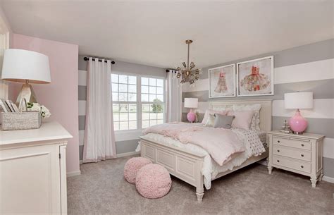 Striped Gray Bedroom Walls And Pink Decor In 2020 Girl Room Feminine