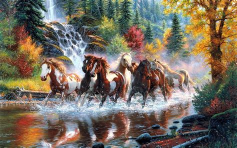 Herd Of Horses Running Along Waterfall Painting Horse Fall Waterfall