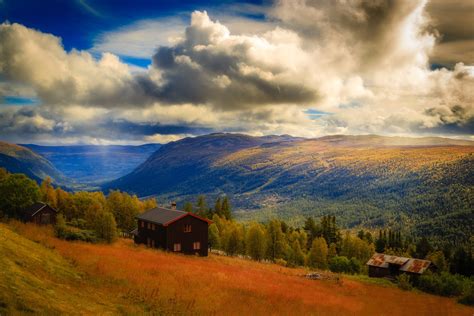 norway, Scenery, Mountains, Houses, Forests, Clouds, Hardangervidda ...