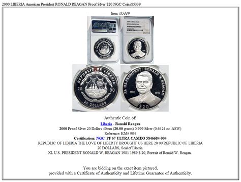 2000 Liberia American President Ronald Reagan Proof Silver 20 Ngc Coin