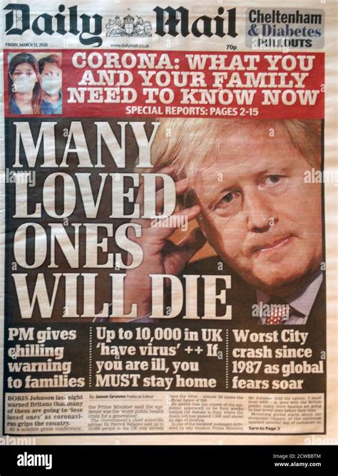 Front Page Of Daily Mail Newspaper On 13th March 2020 During The