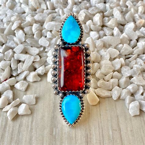 Turquoise Amber Ring Statement Ring Cluster Ring Boho Gypsy Etsy