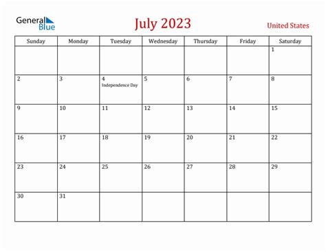 July 2023 Monthly Calendar With United States Holidays